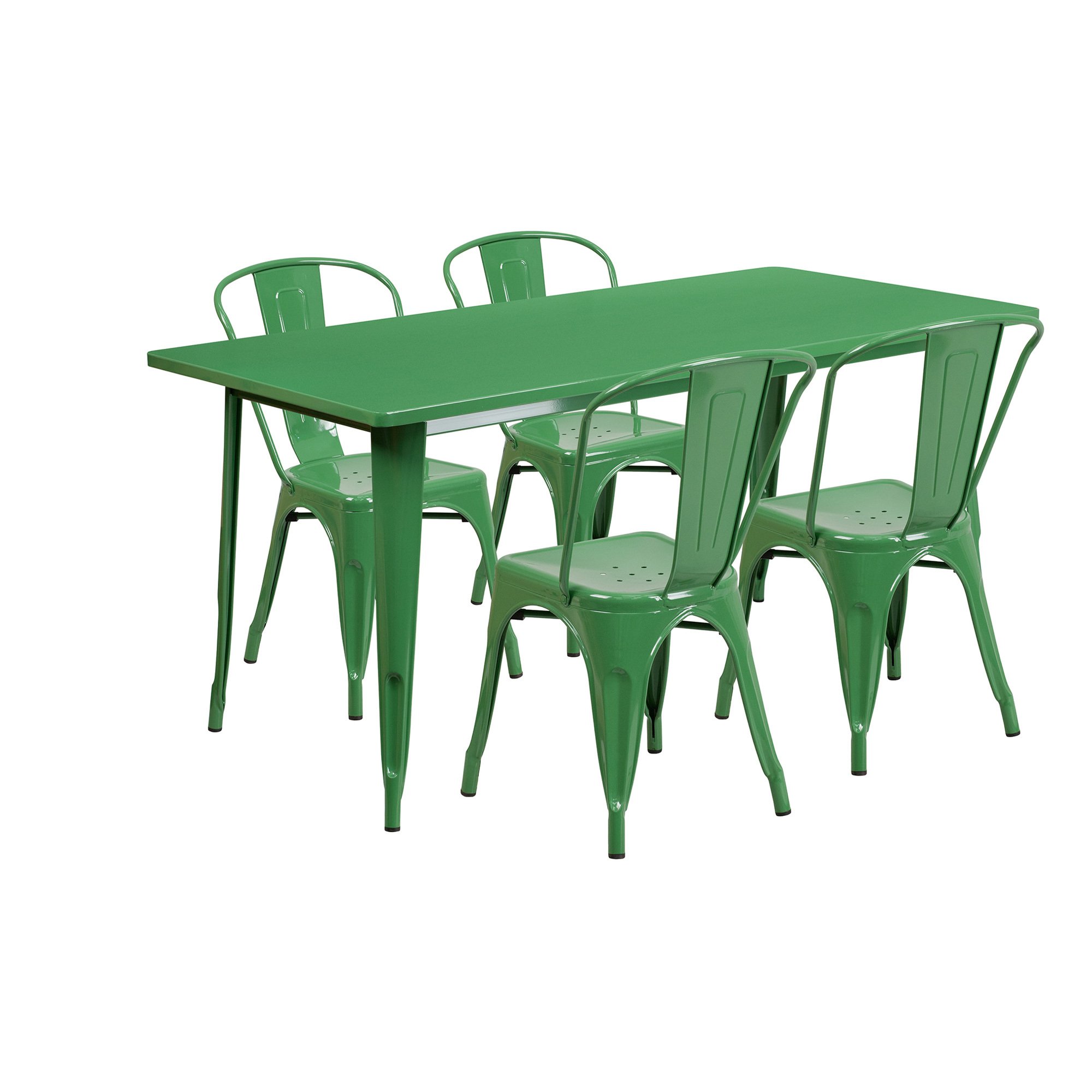 Flash Furniture 31 1/2in.W x 63in.L Rectangular Metal Table Set with 4 Bistro Chairs — Green, Model# ETCT005430GN